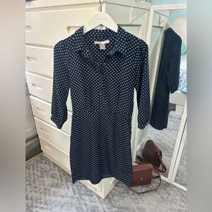 Forever 21 Navy and White Polka Dot Long Sleeve Shirt Dress w Gold Button Detail